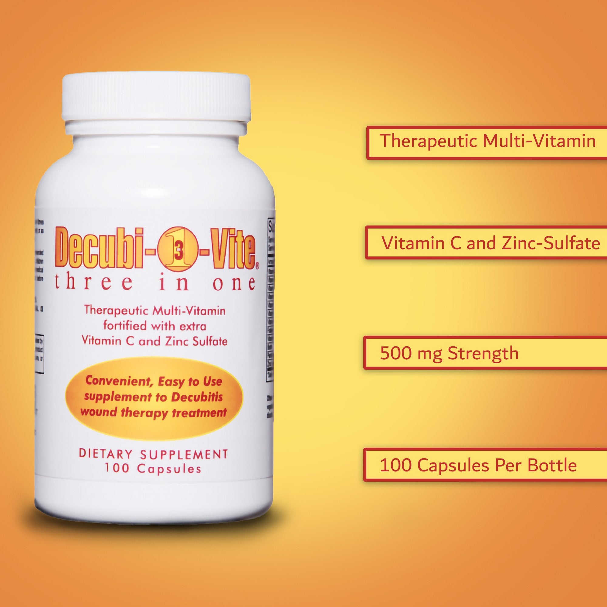 Multivitamin Supplement Decubivite Three In One Vitamin / Minerals 500 mg Strength Capsule 100 per Bottle