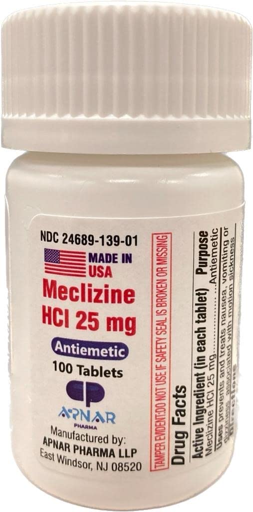 Meclizine HCL 25 mg 100 Tablets, Antiemetic, Motion Sickness - Prevents and Treats Nausea, Vomiting or Dizziness associated with Motion Sickness