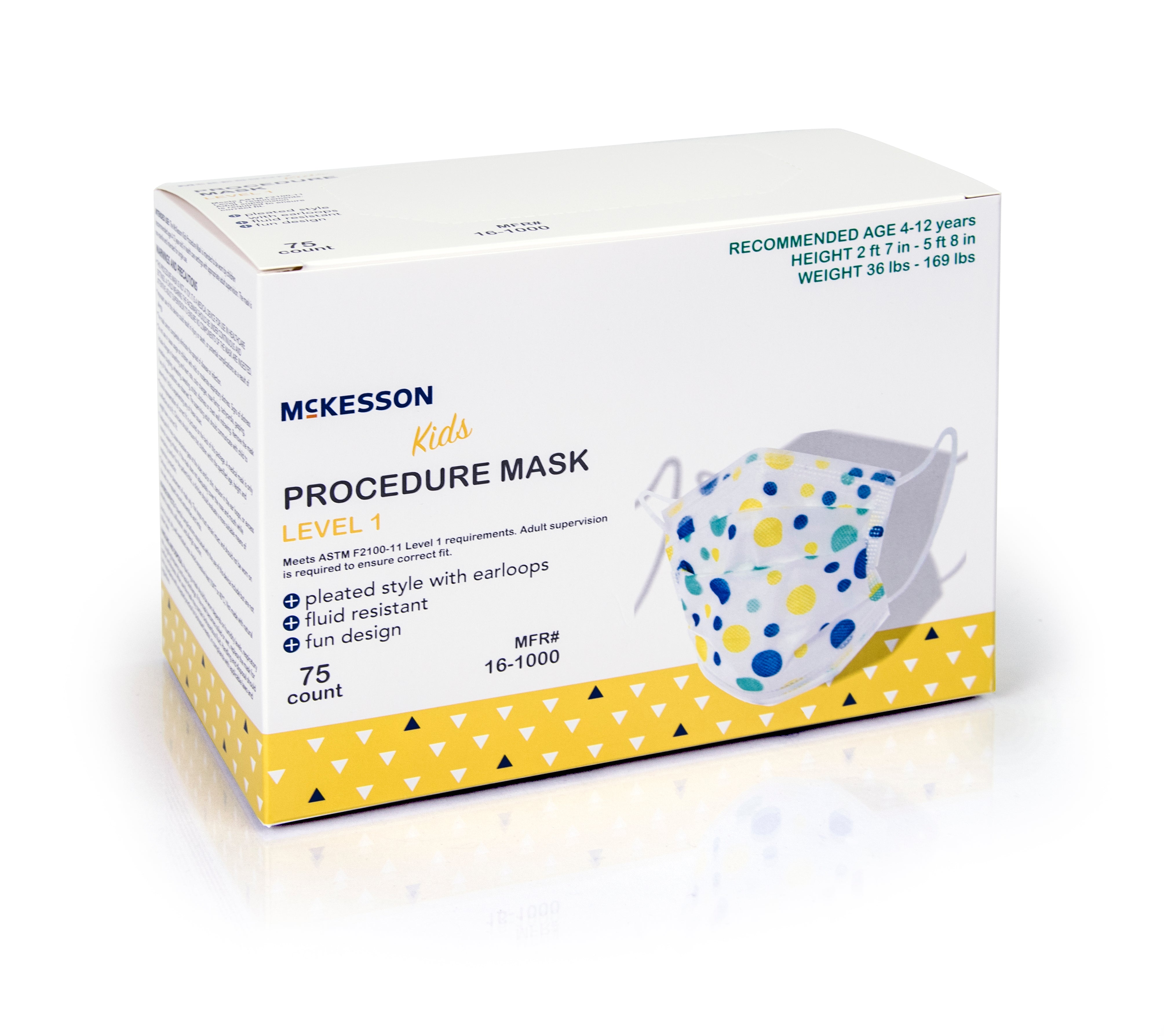 Procedure Mask McKesson Pleated Earloops Child Size Kid Design (Blue and Yellow Polka Dot) NonSterile ASTM Level 1 Pediatric