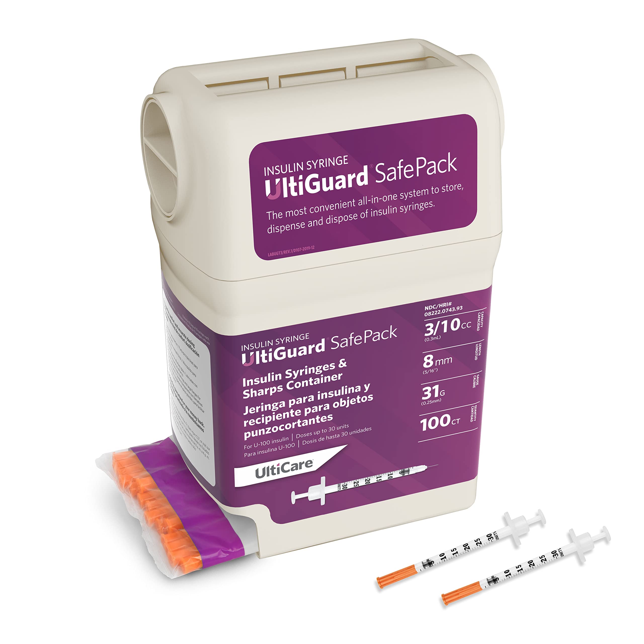 All-in-One UltiGuard Safe Pack U-100 Insulin Syringes and Sharps Container for at-Home Insulin Injections and Safe Needle Disposal; Size: 3/10cc, 31G x 5/16 (8mm), 100 Count