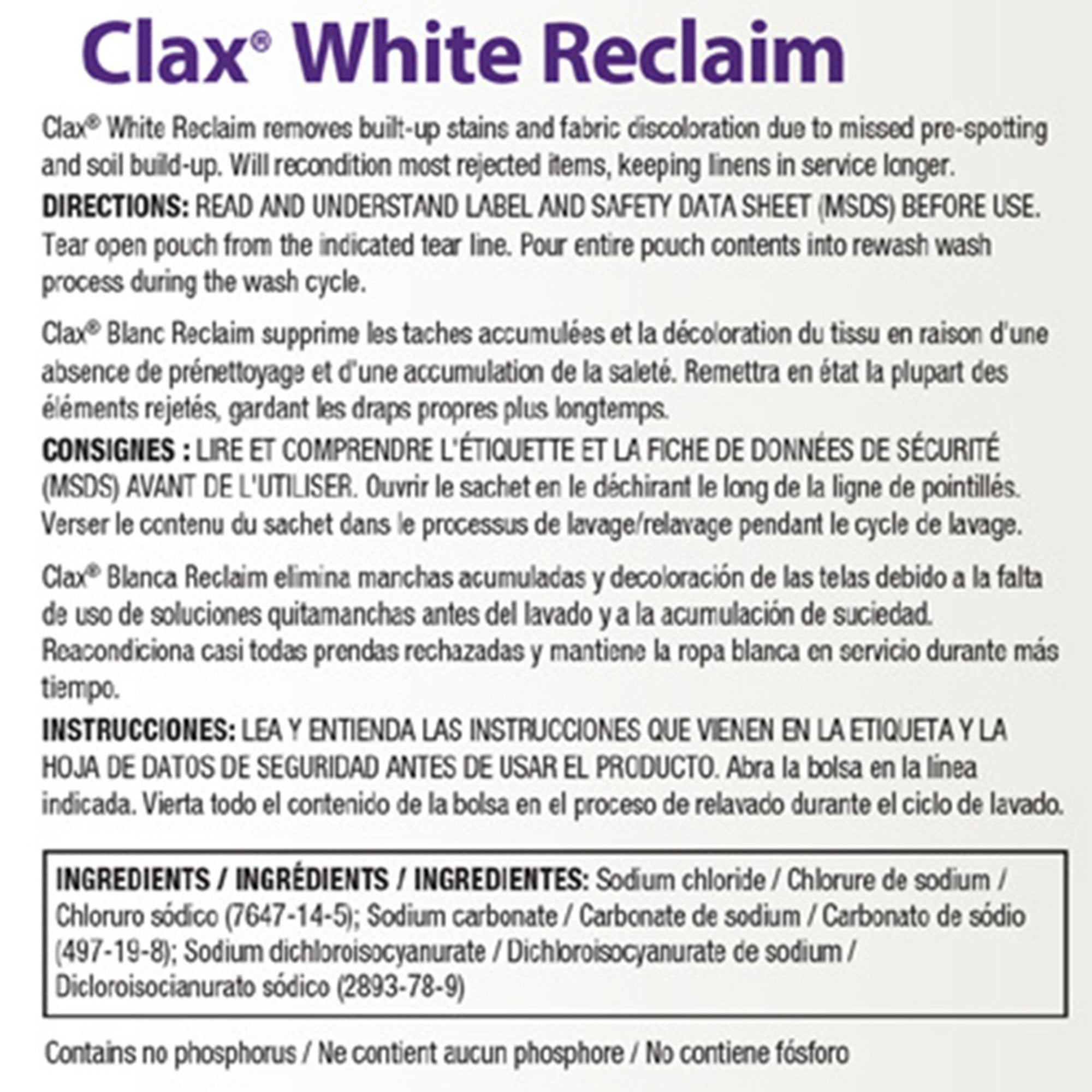 Laundry Stain Remover Clax White Reclaim 1 lbs. Bag Powder Chlorine Scent