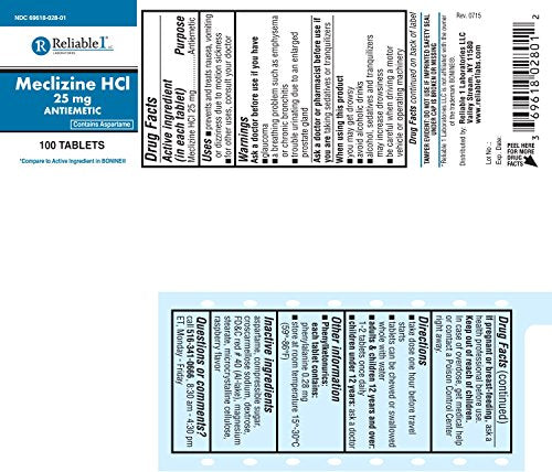 Reliable 1 Meclizine HCL 25mg 100 Tablets (6 Bottles)