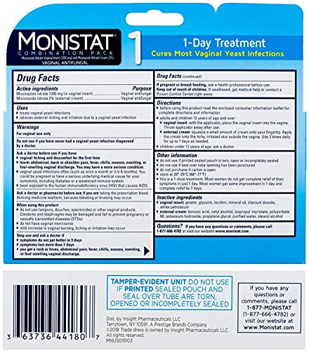 MONISTAT 1-Dose Yeast Infection Treatment For Women, 1 Ovule Insert & External Itch Cream