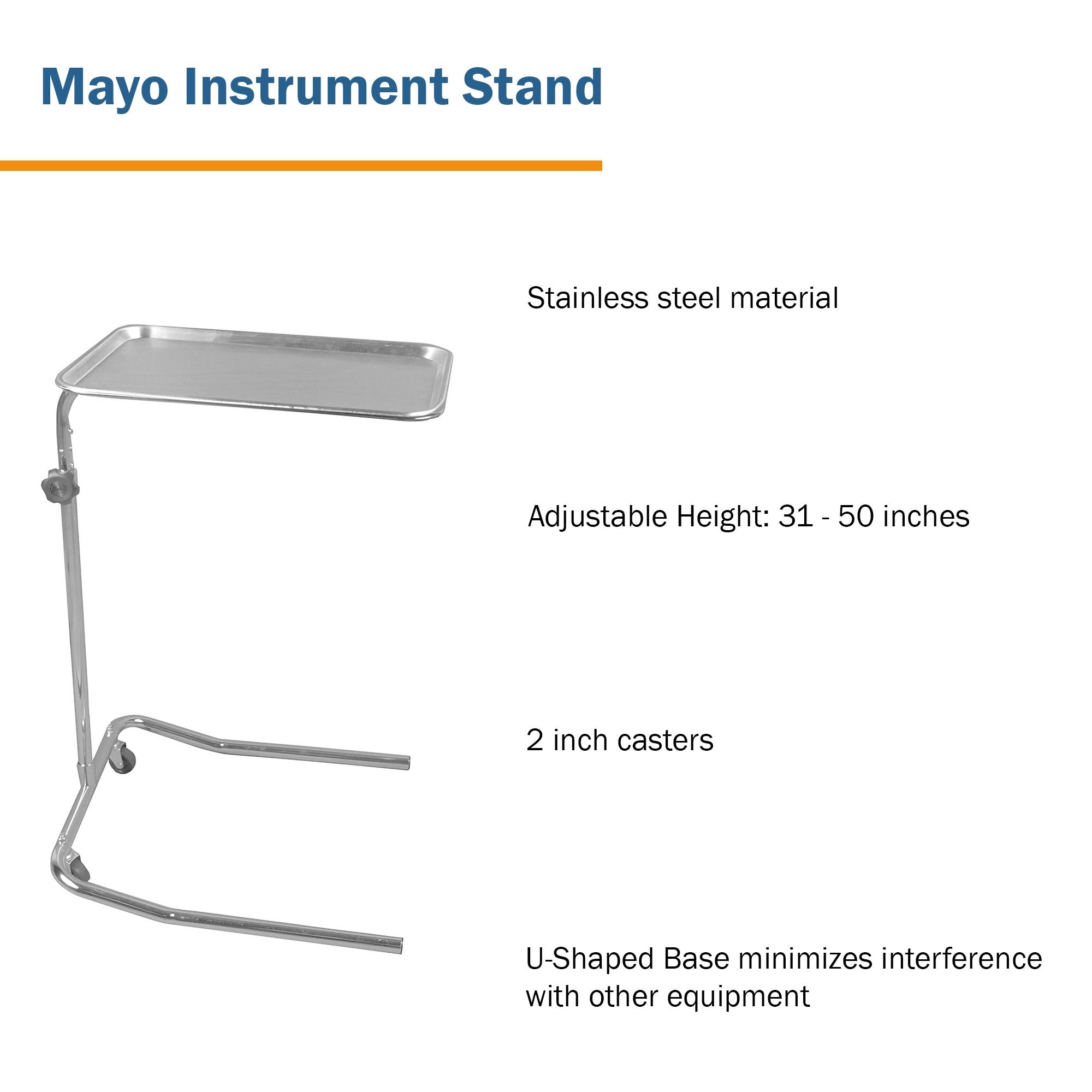 Mayo Instrument Stand Mayo 11 lb Weight Capacity Tray U-Shaped Base 31 - 50 Inch 19 Inch