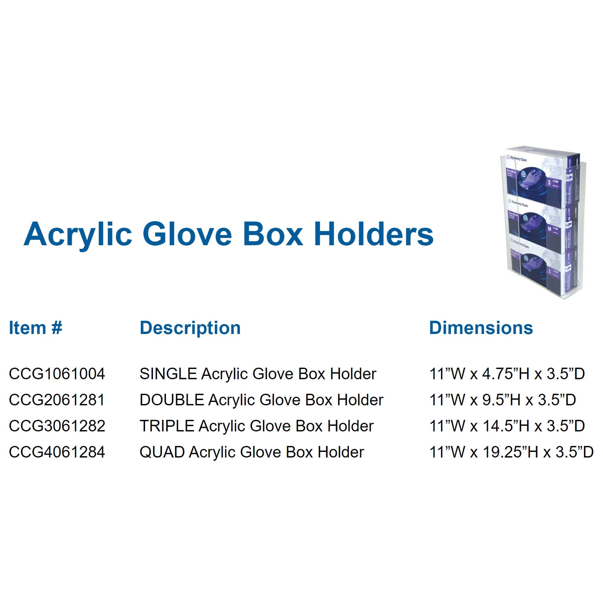 Glove Box Holder Horizontal Mounted 3-Box Capacity Clear 3-1/2 X 11 X 14-1/2 Inch Acrylic