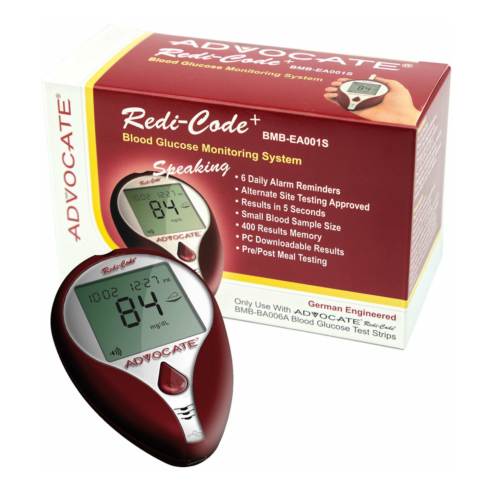 Blood Glucose Meter Advocate 5 Second Results Stores up to 400 Results No Coding Required