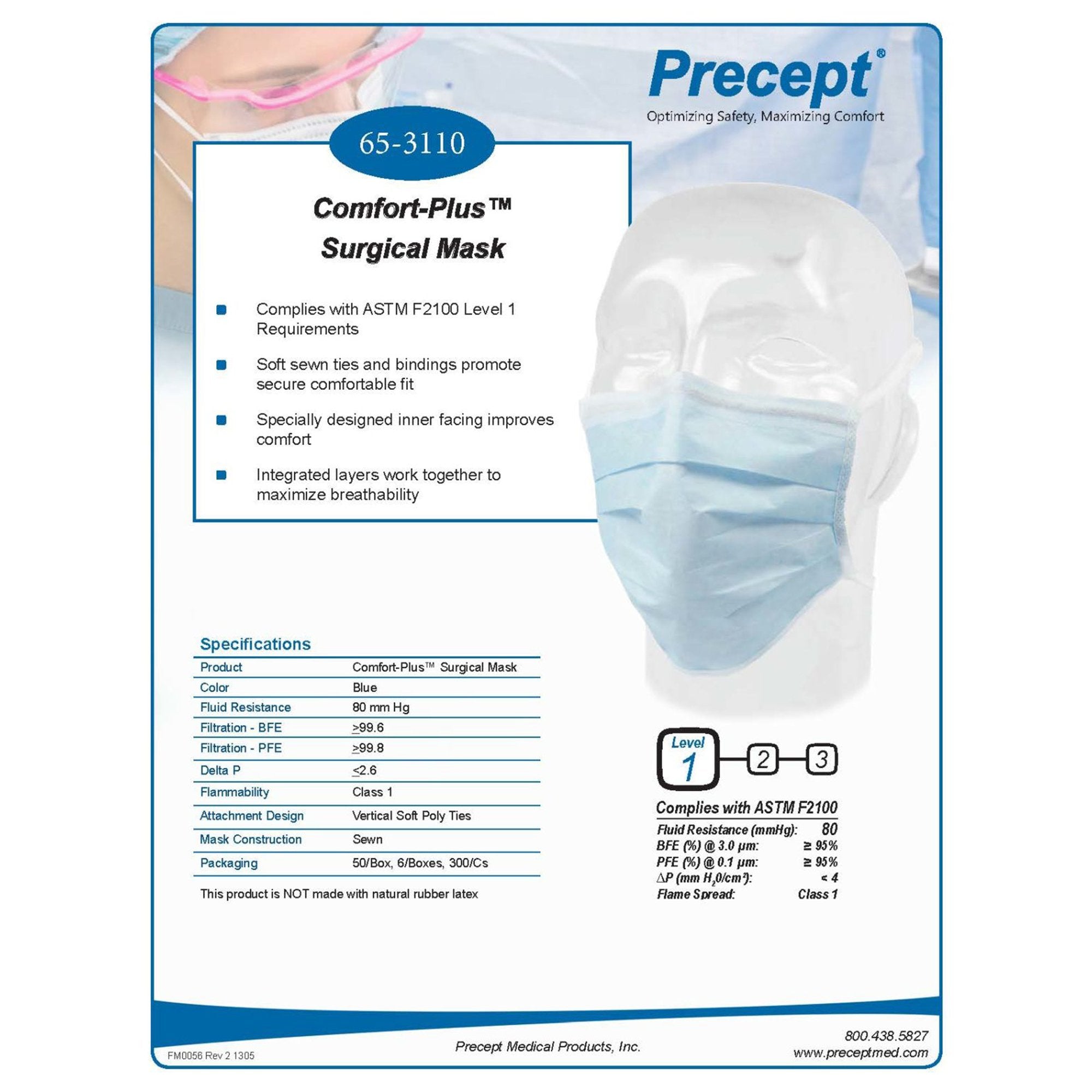 Surgical Mask Comfort-Plus Pleated Tie Closure One Size Fits Most Blue NonSterile Not Rated Adult