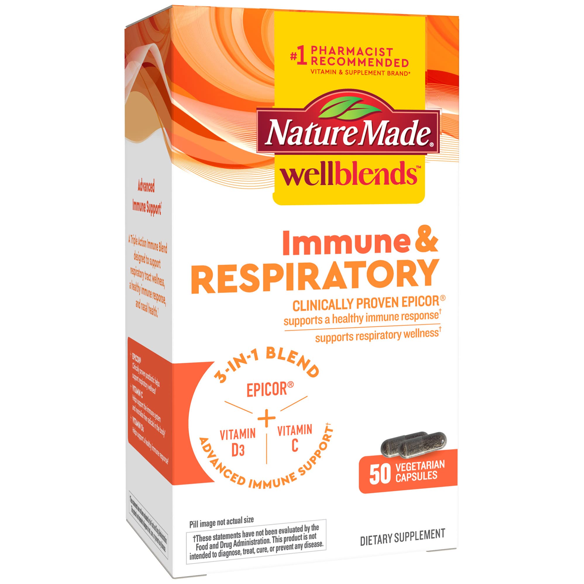 Nature Made Wellblends Immune & Respiratory, EpiCor Postbiotic, Vitamin C, Vitamin D3, Advanced Immune Support Supplement, 50 Vegetarian Capsules