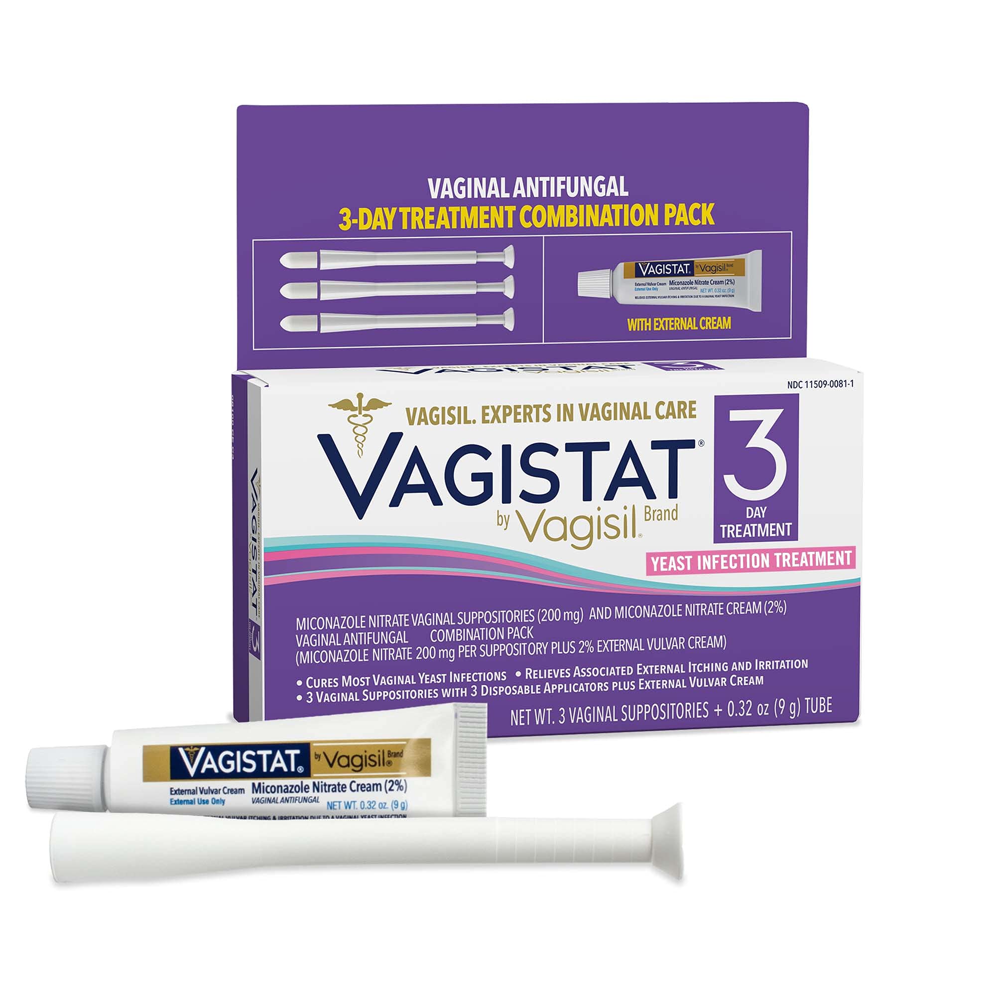 Vagistat 3 Day Yeast Infection Treatment for Women, Helps Relieve External Itching and Irritation - Contains 2% External Miconazole Nitrate Cream & 3 Disposable Suppositories & Applicators, by Vagisil