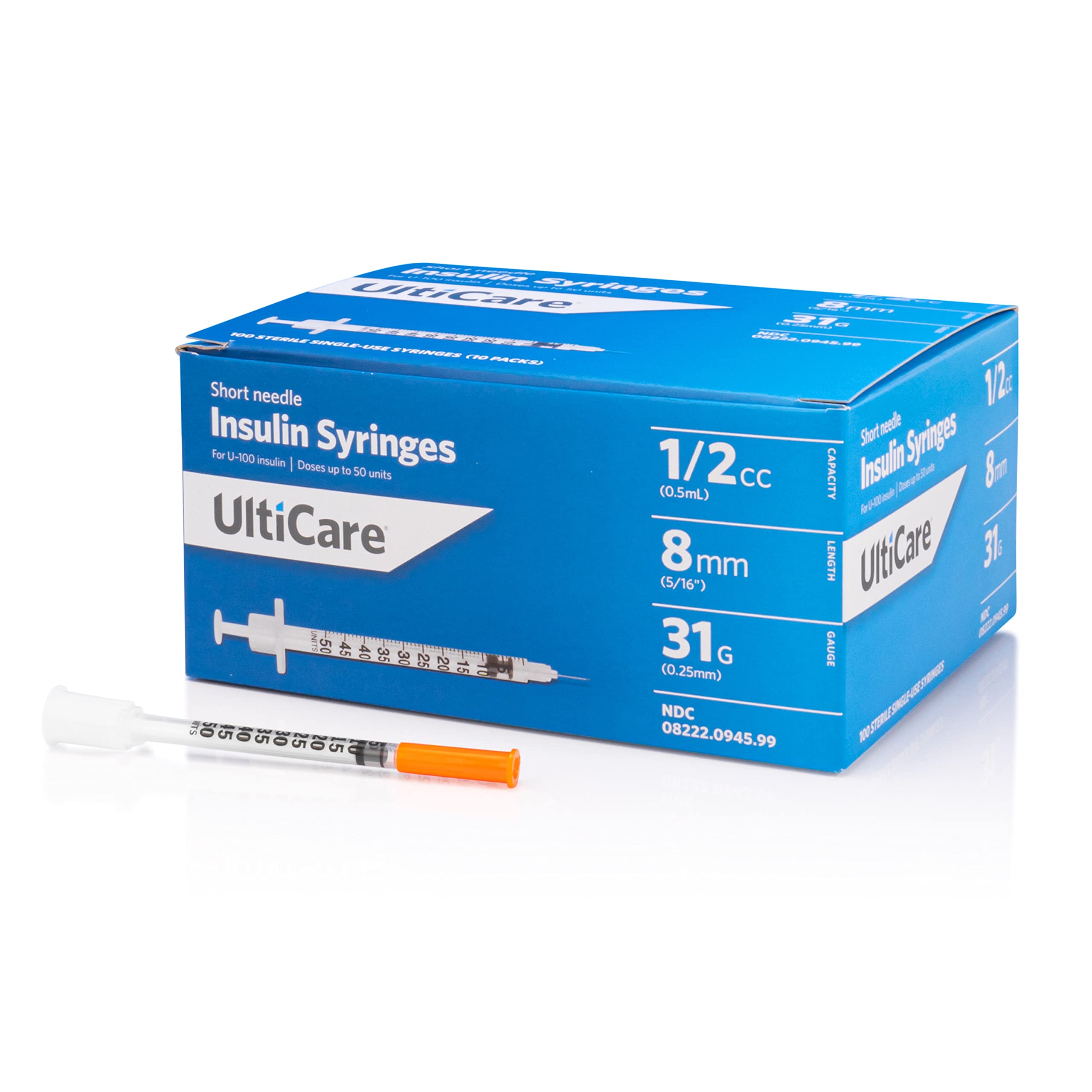 UltiCare Insulin Syringes 1/2 mL - 31G x 8mm 100 Count Box