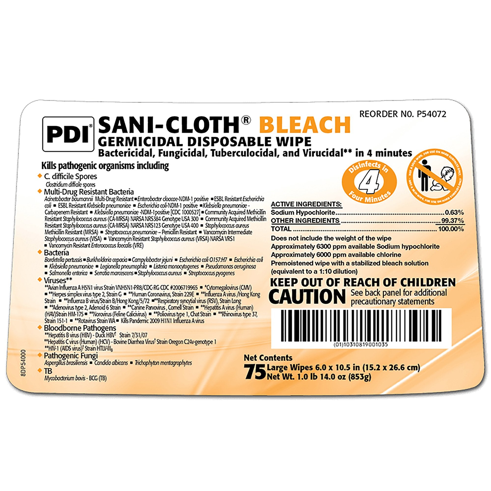 Sani-Cloth Bleach Surface Disinfectant Cleaner Premoistened Germicidal Manual Pull Wipe 75 Count Canister Chlorine Scent NonSterile