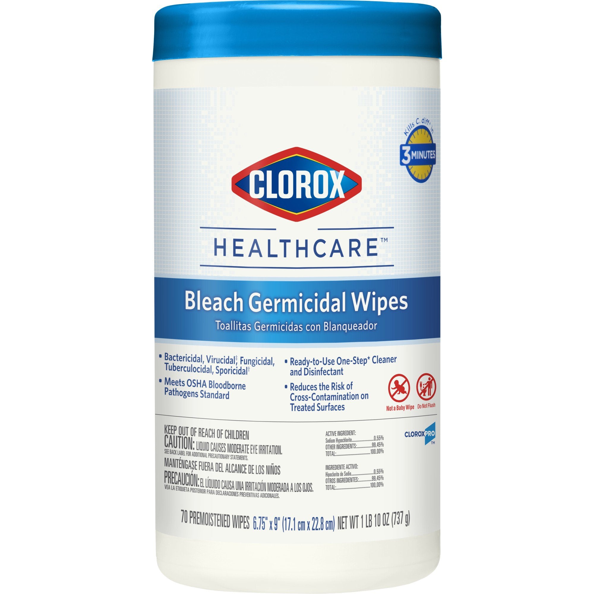 Clorox Healthcare Surface Disinfectant Cleaner Premoistened Germicidal Manual Pull Wipe 70 Count Canister Chlorine Scent NonSterile