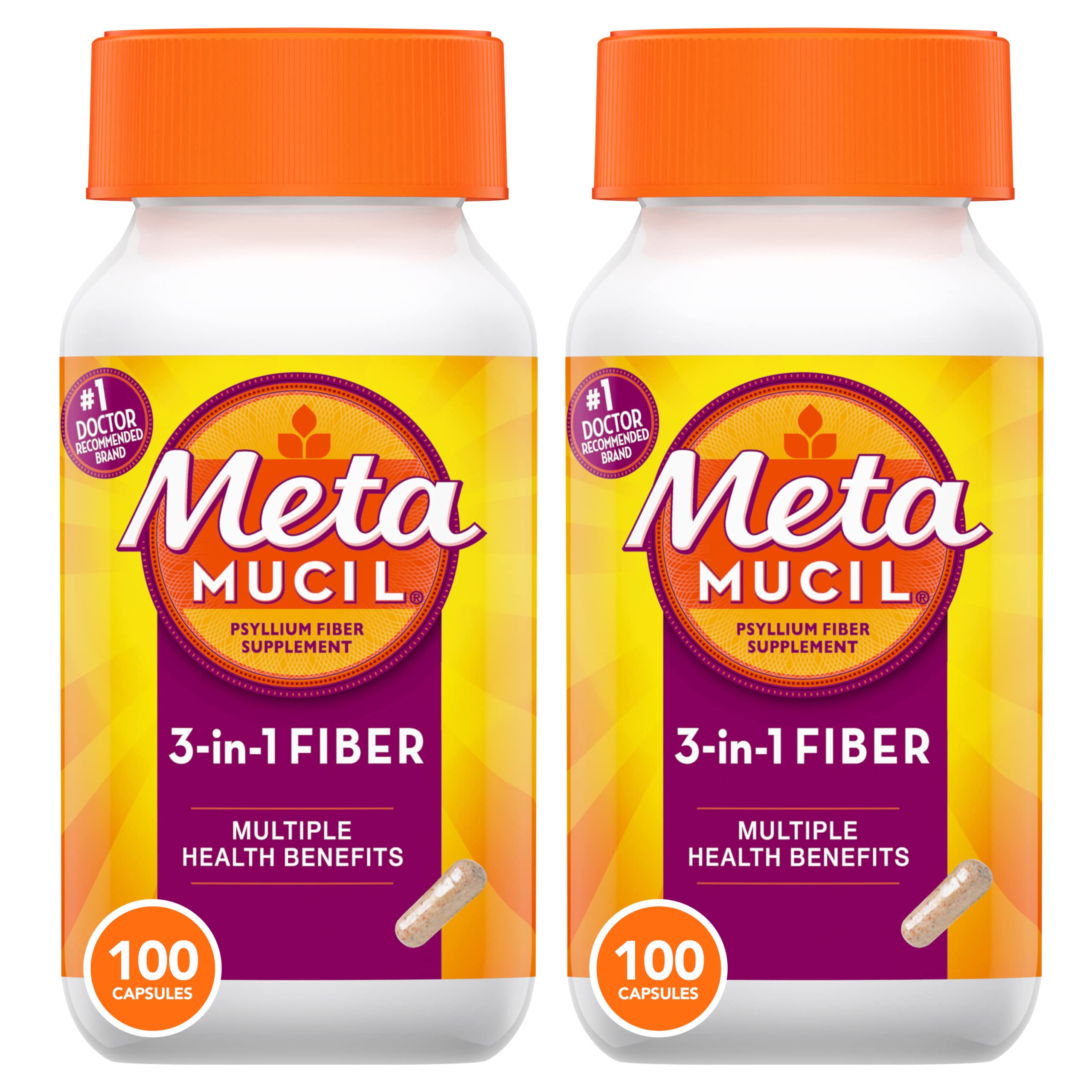 Metamucil, Psyllium Husk Fiber Supplement, 3-in-1 Fiber for Digestive Health, Plant Based Fiber, 100 Capsules (Pack of 2)
