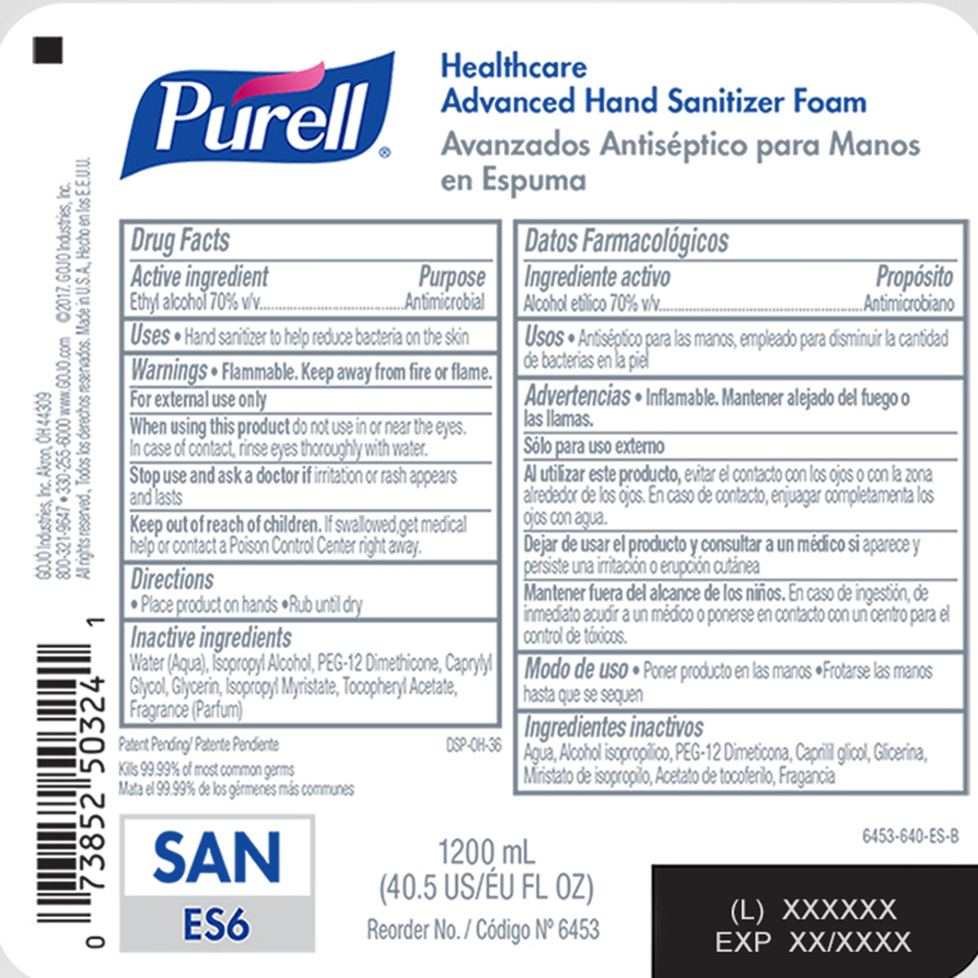 Hand Sanitizer Purell Healthcare Advanced 1,200 mL Ethyl Alcohol Foaming Dispenser Refill Bottle