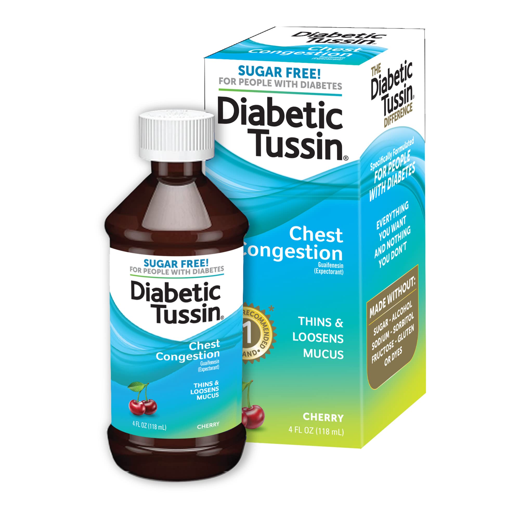 Diabetic Tussin Chest Congestion Relief - 4 Fl oz - Sugar Free Liquid Chest Congestion Medicine, Safe for Diabetics, Cherry Flavored