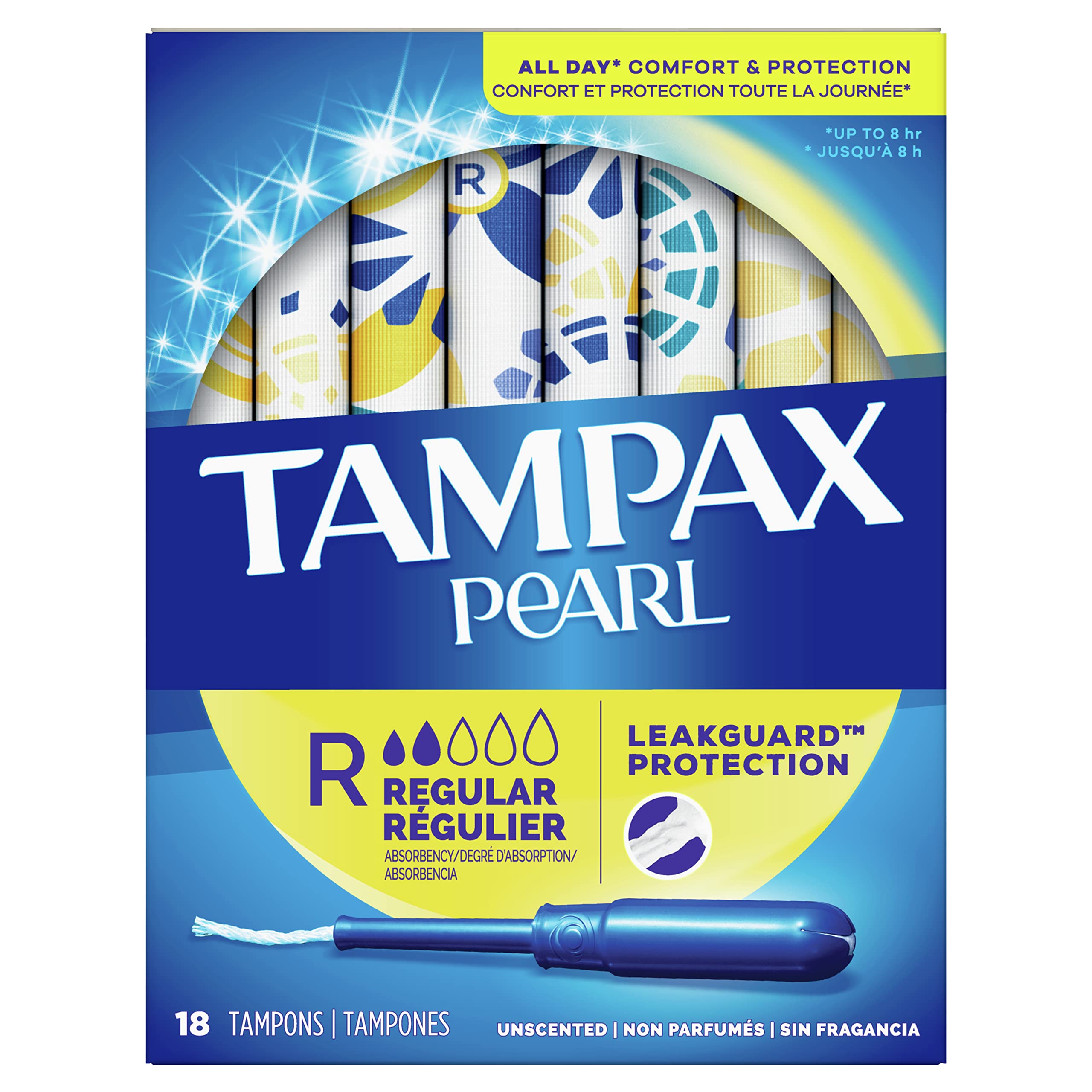 Tampax Pearl Plastic Unscented Tampons, Regular Absorbency, Blue, 18 Count