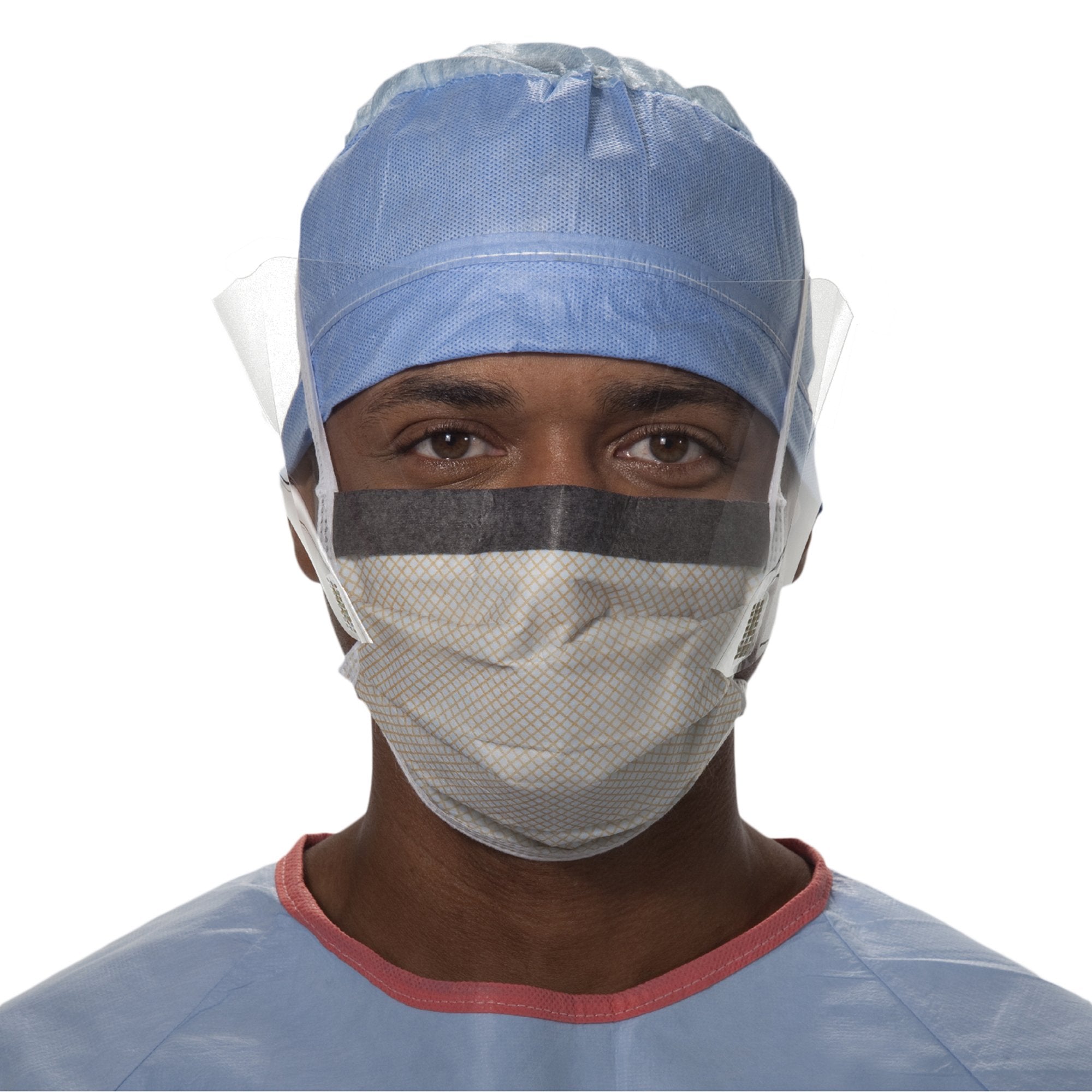 Surgical Mask with Eye Shield FluidShield Anti-fog Foam Pleated Tie Closure One Size Fits Most Blue / Orange NonSterile ASTM F2100-11 Level 2 Adult