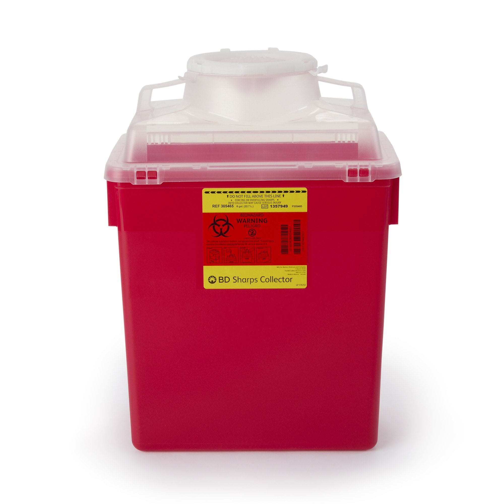 Sharps Container BD Red Base 17-1/2 H X 12-4/5 W X 8-4/5 D Inch Vertical Entry 6 Gallon