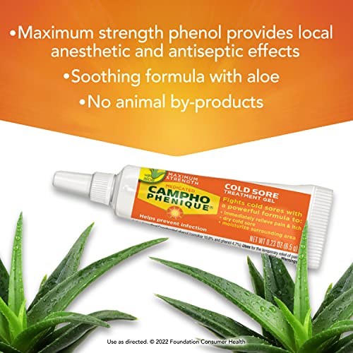 Campho Phenique Cold Sore and Fever Blister Treatment for Lips, Maximum Strength Provides Instant Relief, Helps Prevent Infection To Promote Healing, Original Gel Formula, 0.23 Oz