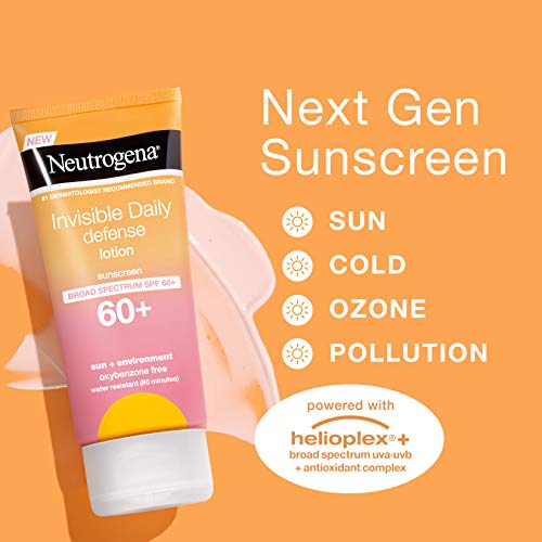 Neutrogena Invisible Daily Defense Sunscreen Lotion, Broad Spectrum SPF 60+, Oxybenzone-Free & Water-Resistant, Sun or Environmental Aggressor Protection, Antioxidant Complex, 3 Fl Oz, 3 Count