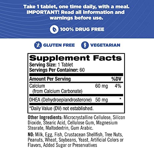 Natrol DHEA Tablets, Promotes Balanced Hormone Levels, Supports a Healthy Mood, Supports Overall Health, Helps Promote Healthy Aging, HPLC Verified, 50mg, 60 Count
