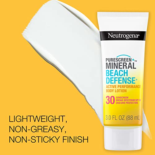 Neutrogena Purescreen+ Mineral Beach Defense Active Performance Body Lotion Sunscreen with Broad Spectrum SPF 30, Quick Drying and Water-Resistant 80 Minutes UVA/UVB Protection, 3.0 fl. oz