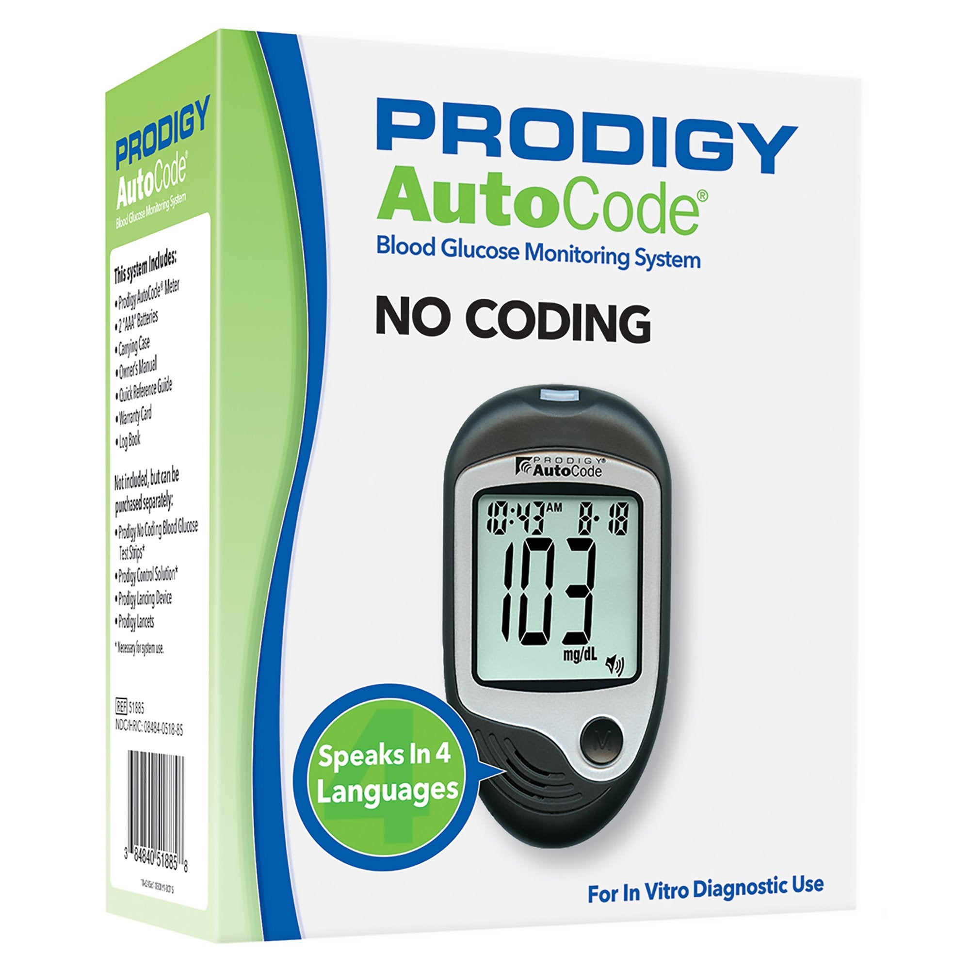 Blood Glucose Meter Prodigy 7 Second Results Stores up to 450 Results No Coding Required
