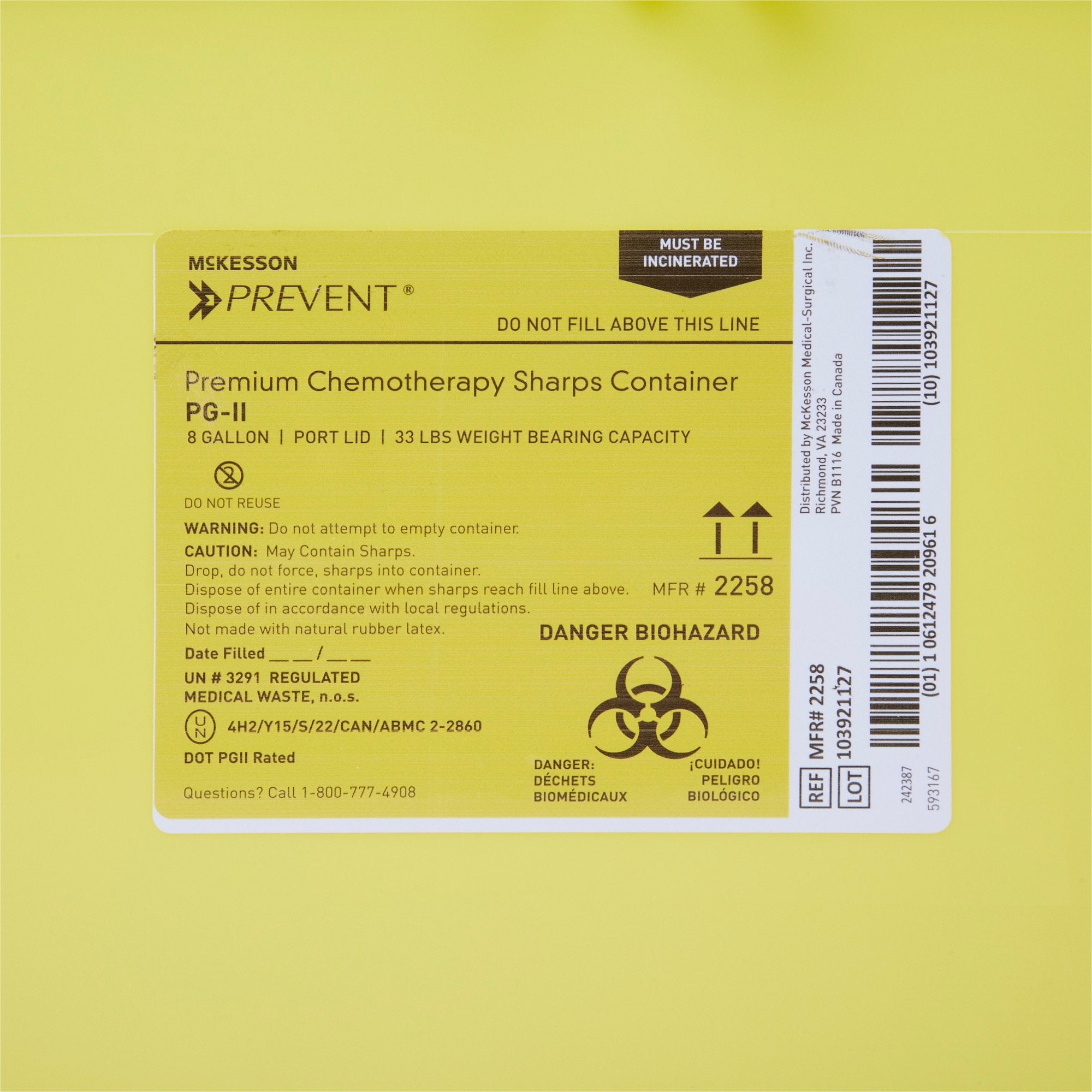 Chemotherapy Waste Container McKesson Prevent Yellow Base 13-1/2 H X 17-3/10 W X 13 L Inch Vertical Entry 8 Gallon