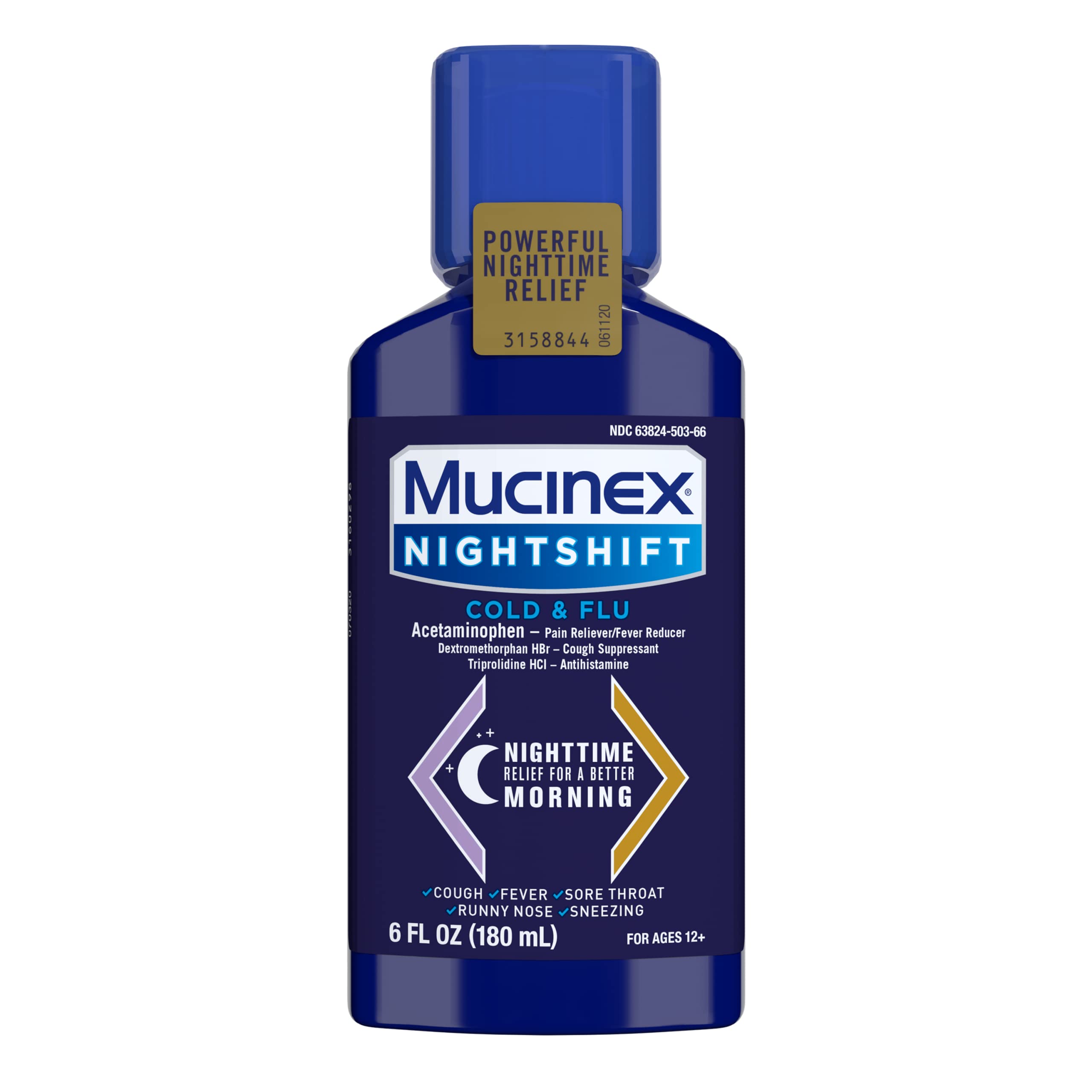 Mucinex Nightshift Cold & Flu Liquid That Relieves Fever/Sneezing/Sore Throat/Runny Nose and Cough, 6 Fl Oz (Pack of 1)