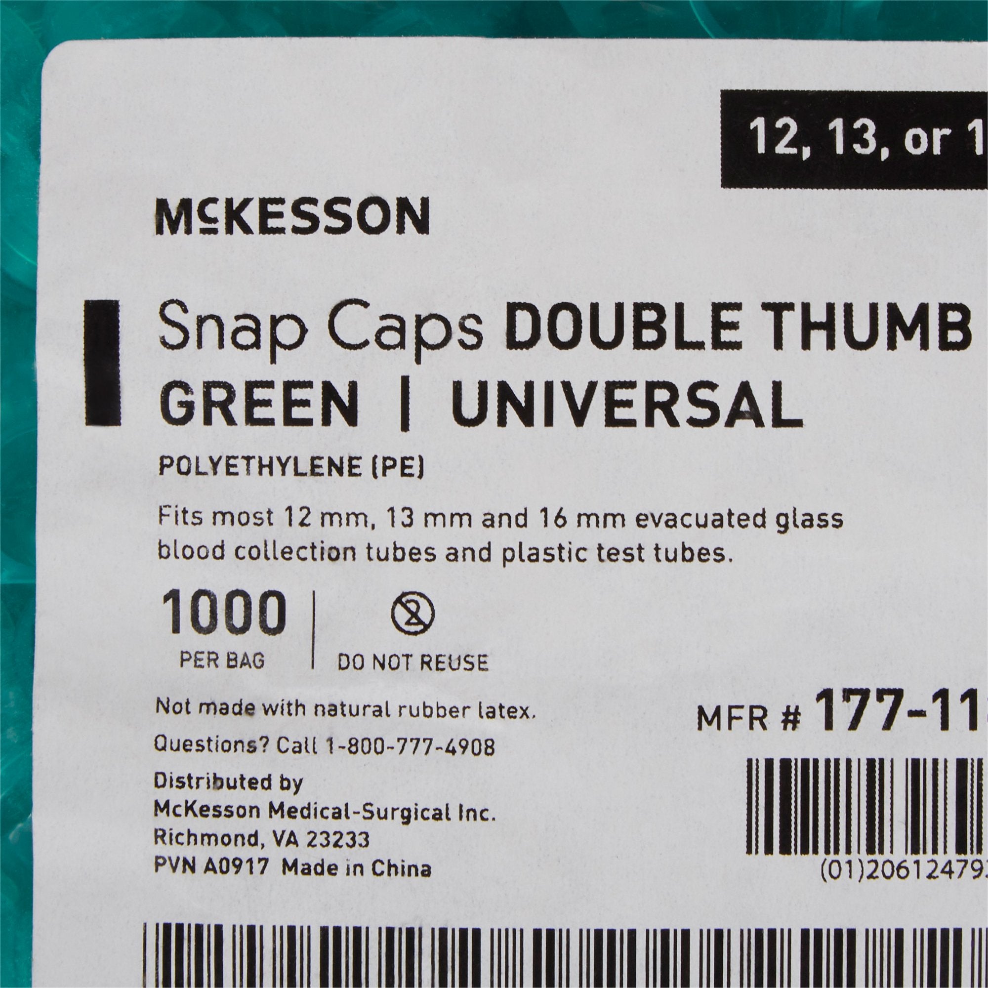 McKesson Tube Closure Polyethylene Snap Cap Green 12 mm / 13 mm / 16 mm (Universal) Fits Most 12mm, 13mm and 16mm Evacuated Glass Blood Collection Tubes and Plastic Test Tubes NonSterile