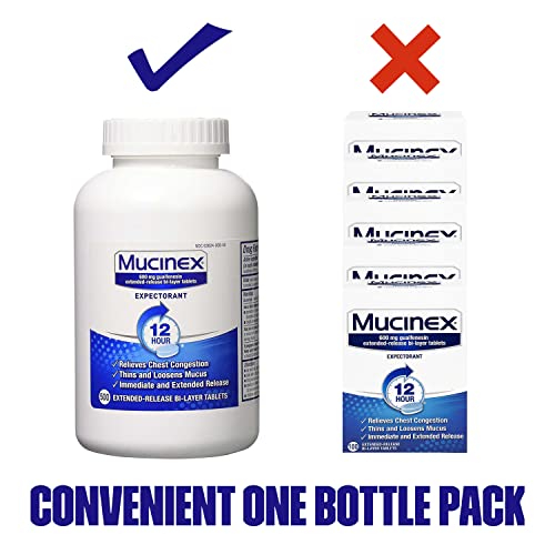 Chest Congestion, Mucinex 12 Hour Extended Release Tablets, 500 count bottle, 600 mg Guaifenesin Relieves Chest Congestion Caused by Excess Mucus, #1 Doctor Recommended OTC expectorant