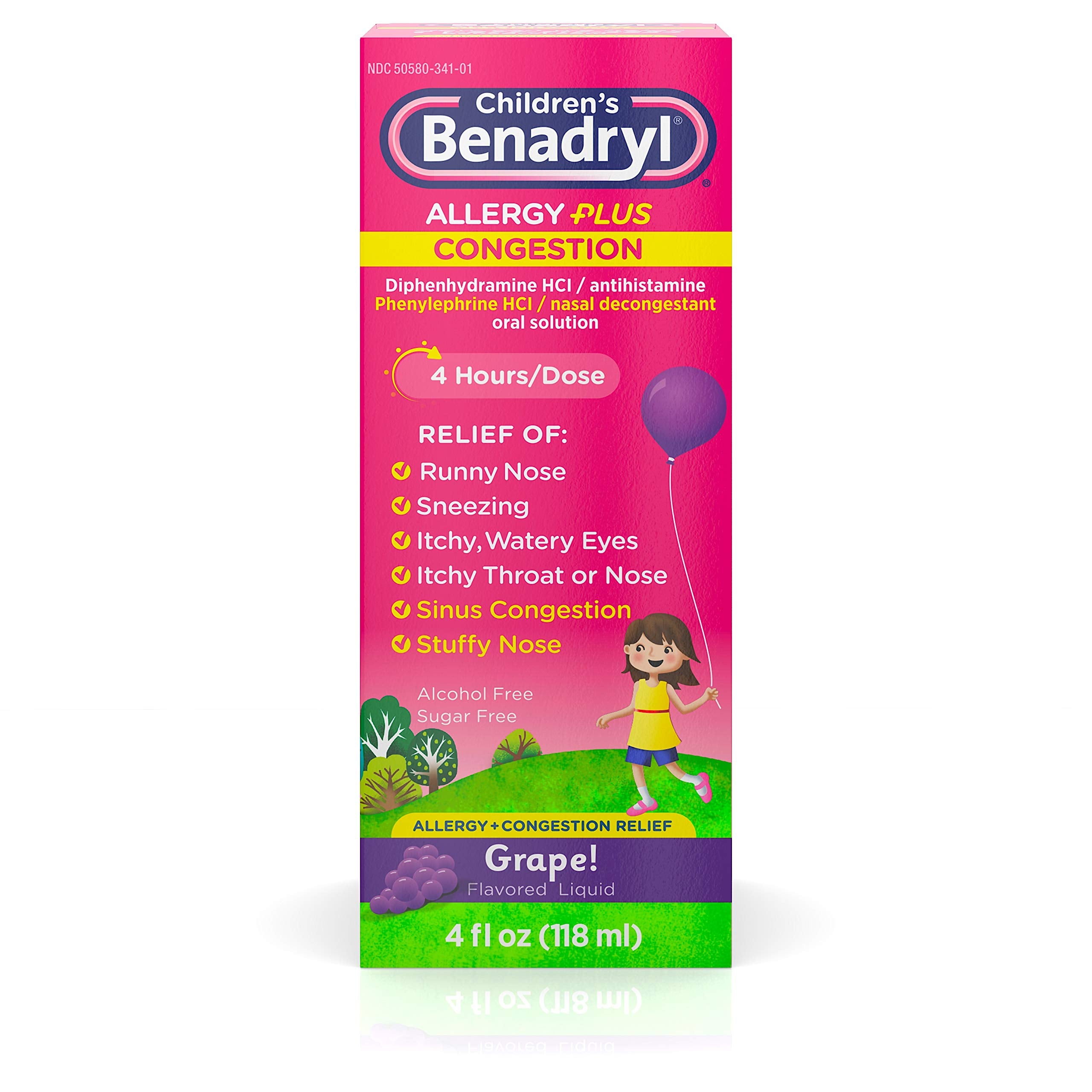 Children's Benadryl Allergy Plus Congestion Liquid, Made with Diphenhydramine HCl Antihistamine & Phenylephrine HCl Nasal Decongestant, Alcohol- & Sugar-Free, Grape Flavor, 4 fl. oz ( Pack of 4)