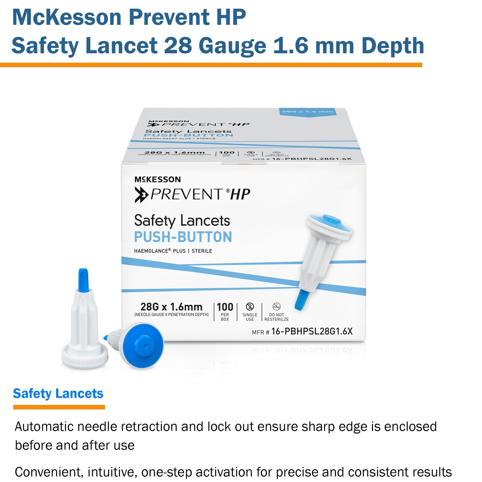 Safety Lancet McKesson Prevent HP 28 Gauge Retractable Push Button Activation Finger
