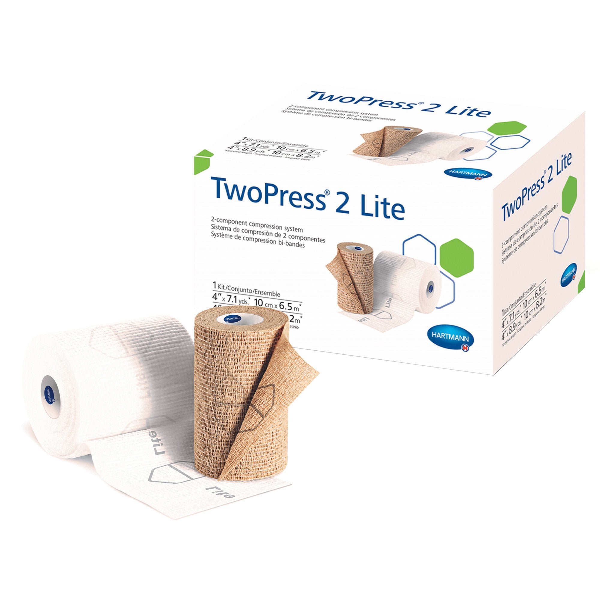 2 Layer Compression Bandage System with Visible Indicators TwoPress 2 Lite 4 Inch X 7.1 Yard / 4 Inch X 8.9 Yard Standard Compression Self-adherent Closure Tan / White NonSterile