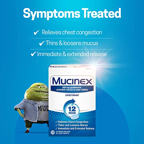 Chest Congestion, Mucinex Expectorant 12 Hour Extended Release Tablets, 20ct, 600mg Guaifenesin with Extended Relief of Chest Congestion Caused by Excess Mucus. Thins and Loosens Mucus
