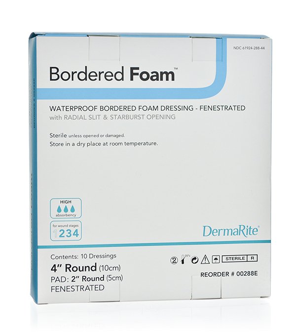 Foam Dressing BorderedFoam 4 Inch Diameter With Border Waterproof Backing Adhesive Fenestrated Round Sterile