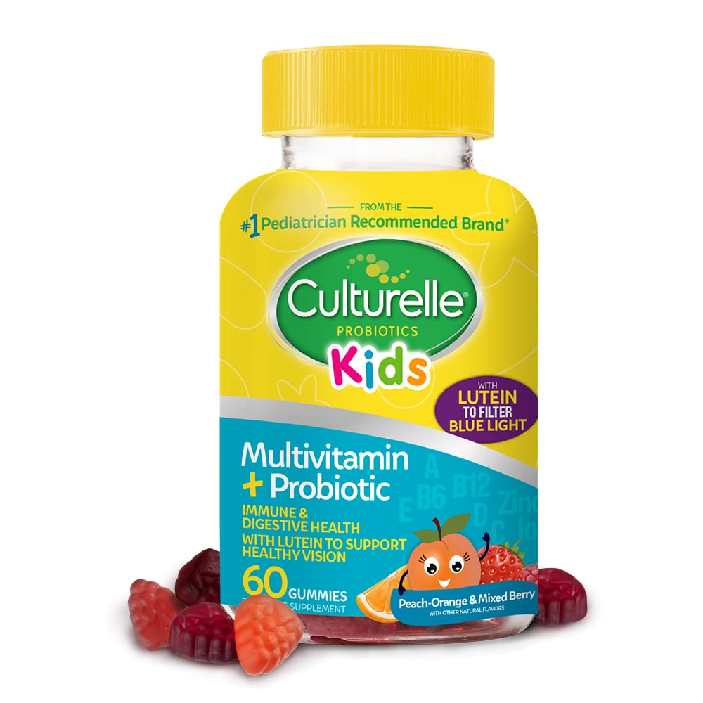 Culturelle Kids Multivitamin + Probiotic for Kids (Ages 2+) - 60 Count, Peach-Orange & Mixed Berry Flavor - Digestive Health & Immune Support Gummies with Lutein to Support Eye Health