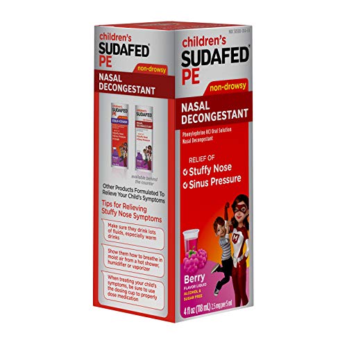 Sudafed Children's PE Nasal Decongestant, Liquid Cold Relief Medicine with Phenylephrine HCl, Alcohol Free and Sugar-Free, Berry-Flavored, 4 fl. oz