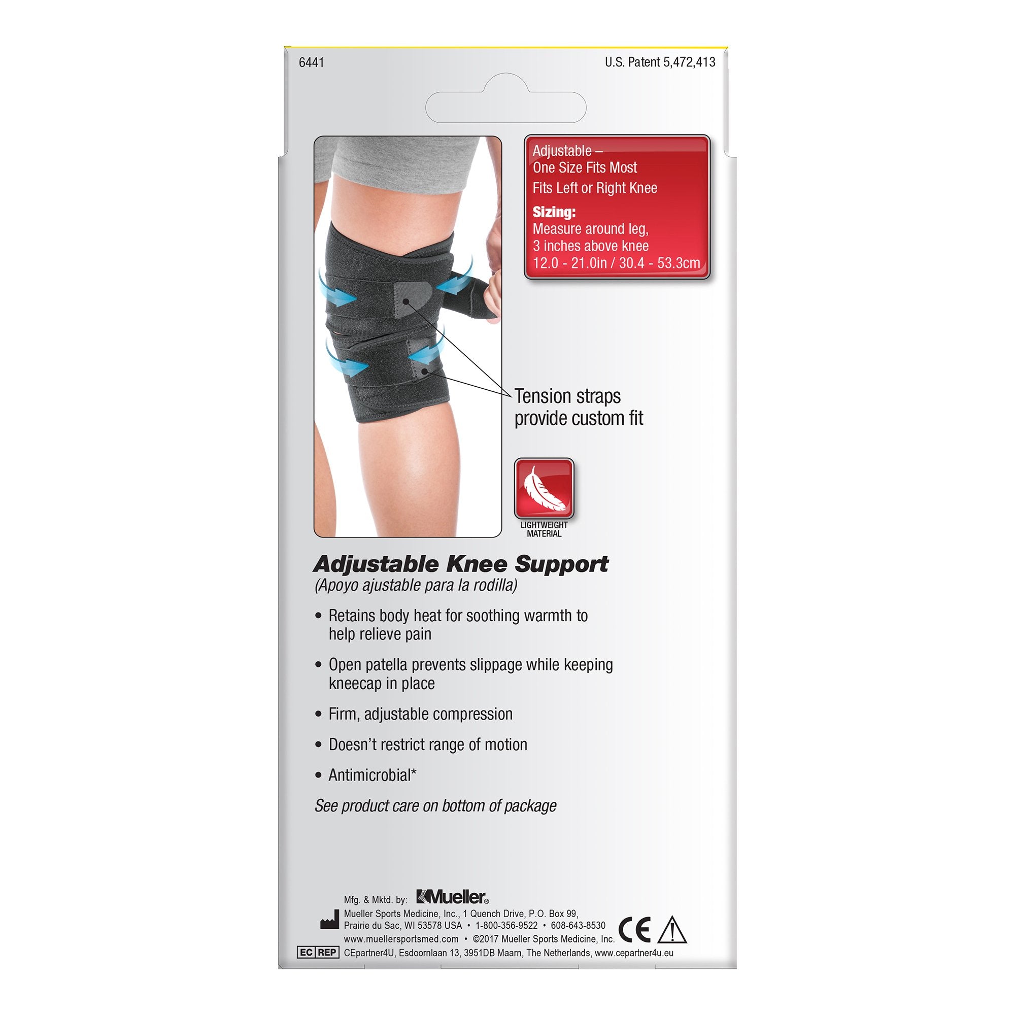 Knee Support Mueller Sport Care One Size Fits Most Hook and Loop Strap Closure 12 to 21 Inch Above Knee Circumference Left or Right Knee