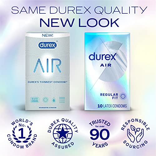Durex Air Condoms, Extra Thin, Transparent Natural Rubber Latex Condoms for Men, Regular Fit, FSA & HSA Eligible, 10 Count