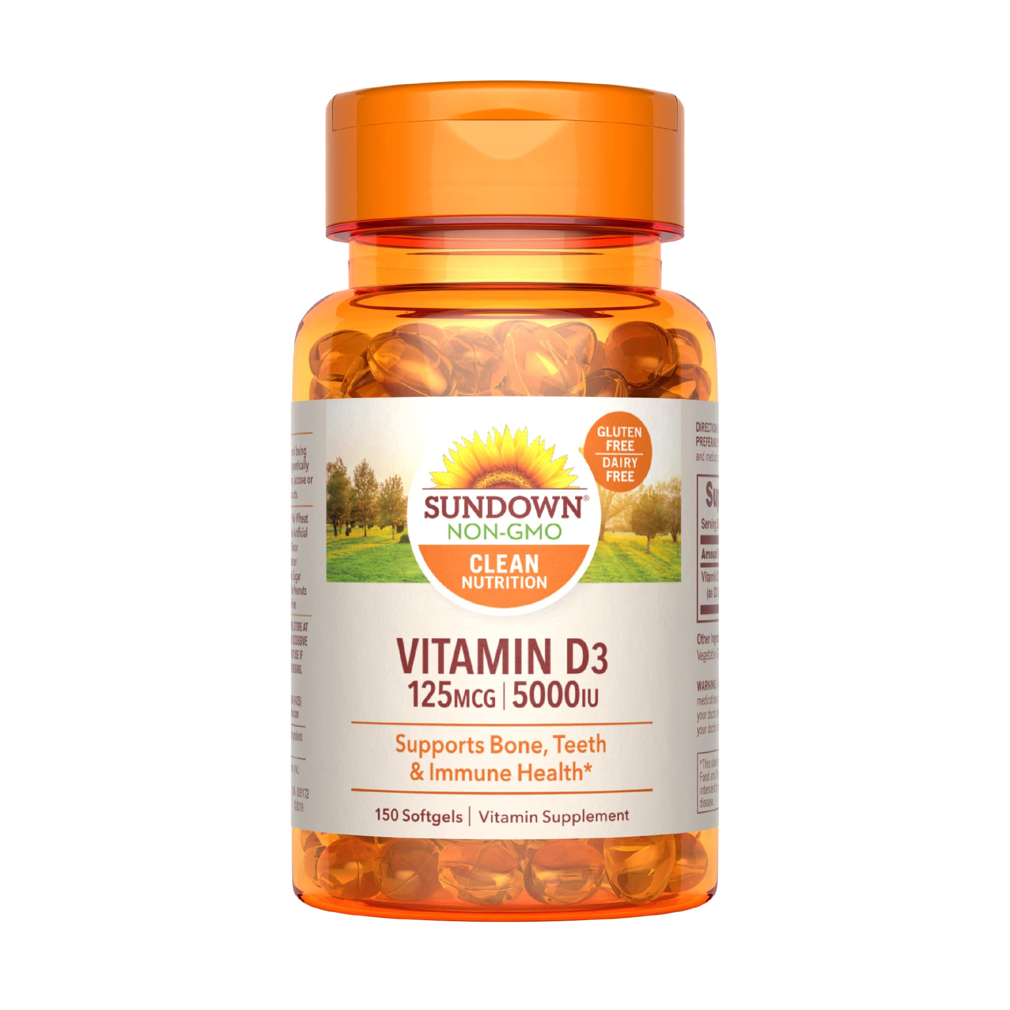 Sundown Vitamin D3 for Immune Support, Non-GMO, Dairy & Gluten-Free, No Artificial Flavors, 125mcg 5000IU Softgels, 150 Count