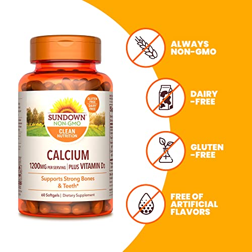 Sundown Calcium 1200mg with Vitamin D3 25mcg Softgels for Immune Support, Non-GMO Dairy-Free, Gluten-Free, unflavored, 60 Count