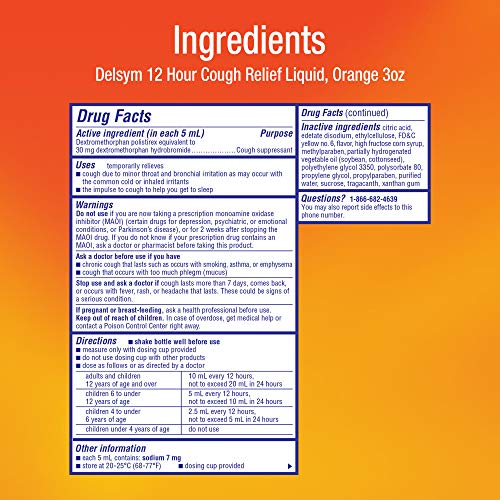 Delsym 12 Hour Cough Relief Liquid- Day Or Night, Orange Flavor Cough Medicine With Dextromethorphan Helps Quiet Cough By Suppressing Cough Reflex, 3 oz.