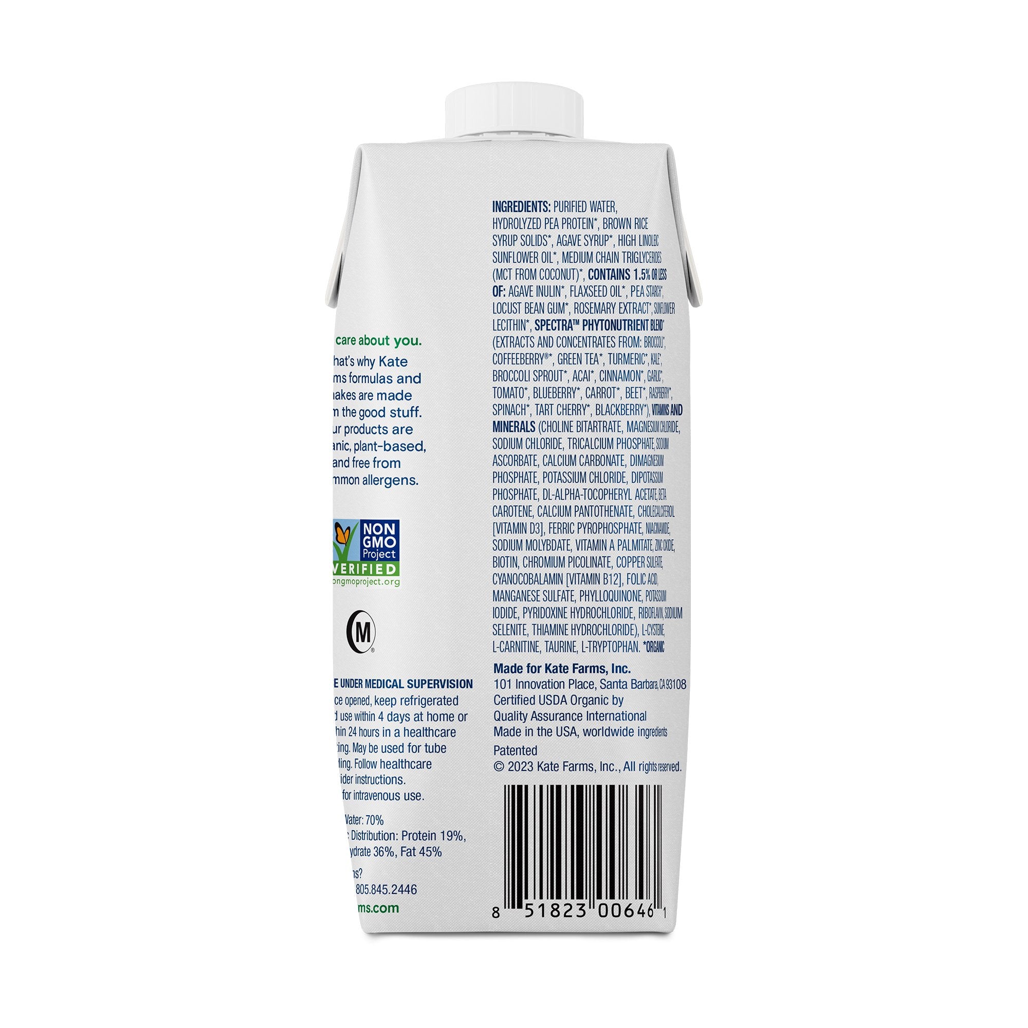 Oral Supplement Kate Farms Peptide 1.5 Plain Flavor Liquid 11 oz. Carton