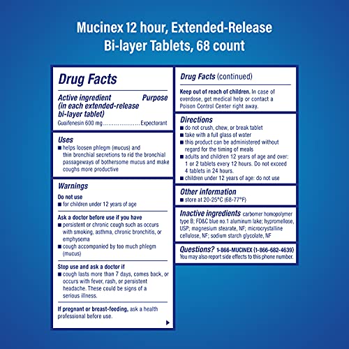 Chest Congestion, Mucinex 12 Hour Extended Release Tablets, 68ct, 600 mg Guaifenesin Relieves Chest Congestion Caused by Excess Mucus, #1 Doctor Recommended OTC Expectorant