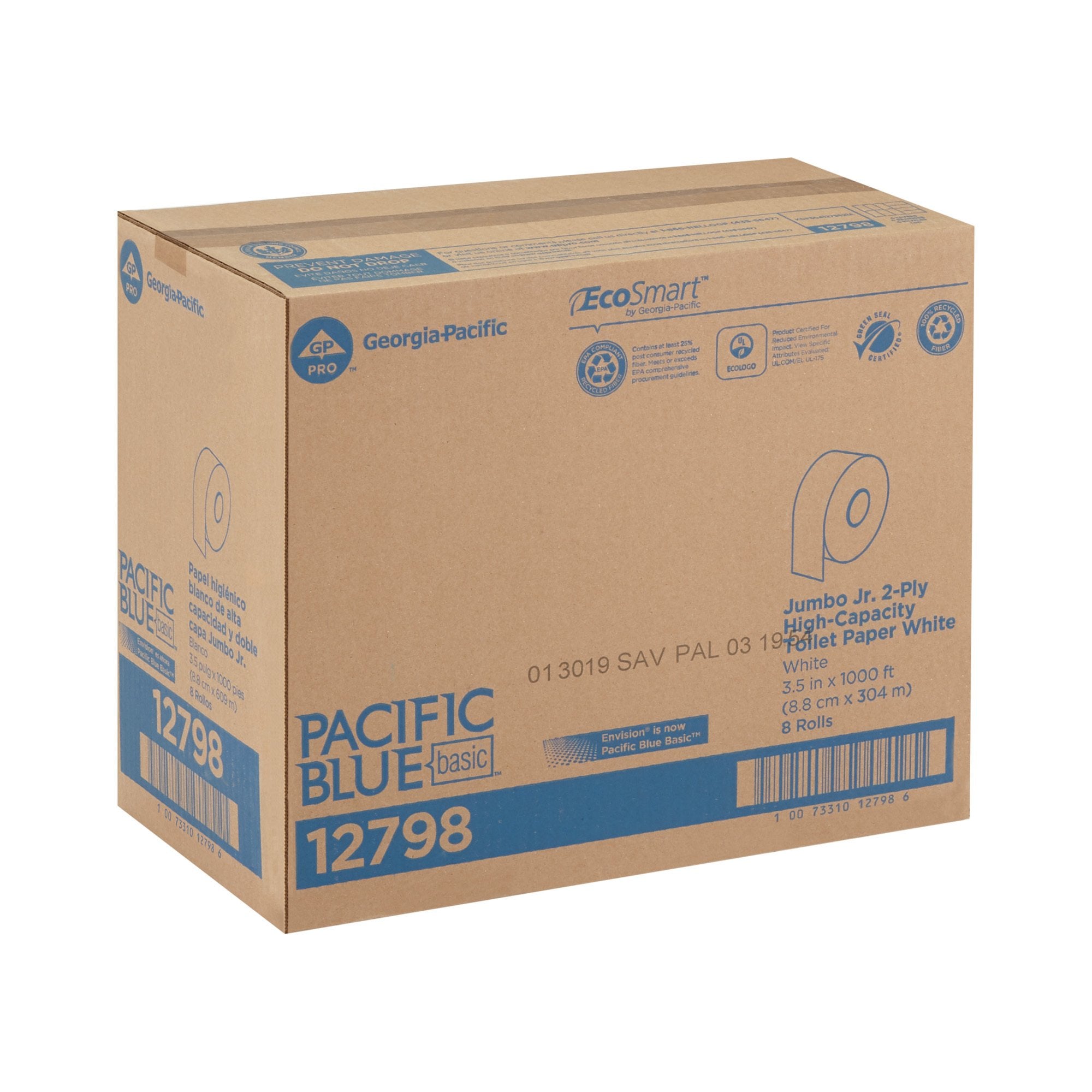 Toilet Tissue Pacific Blue Basic White 2-Ply Jumbo Size Cored Roll Continuous Sheet 3-1/5 Inch X 1000 Foot