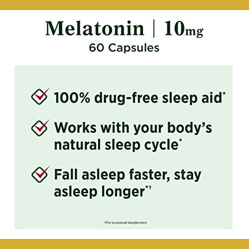 Nature's Bounty Melatonin, 100% Drug Free Sleep Aid, Dietary Supplement, Promotes Relaxation and Sleep Health, 10mg, Green, 60 Count