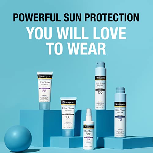 Neutrogena Ultra Sheer Body Mist Sunscreen Spray Broad Spectrum SPF 70, Lightweight, Non-Greasy & Water Resistant, Oil-Free & Non-Comedogenic UVA/UVB Sunscreen Mist, 5 oz