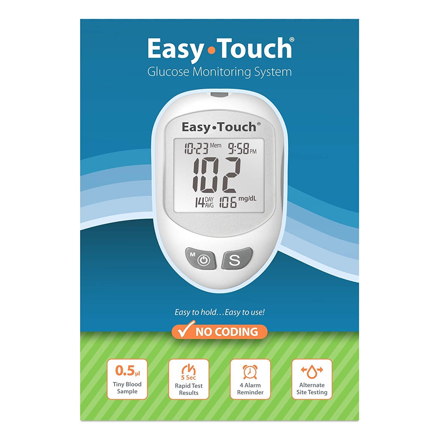 Blood Glucose Meter Easy Touch 5 Second Results Stores up to 300 Result No Coding Required