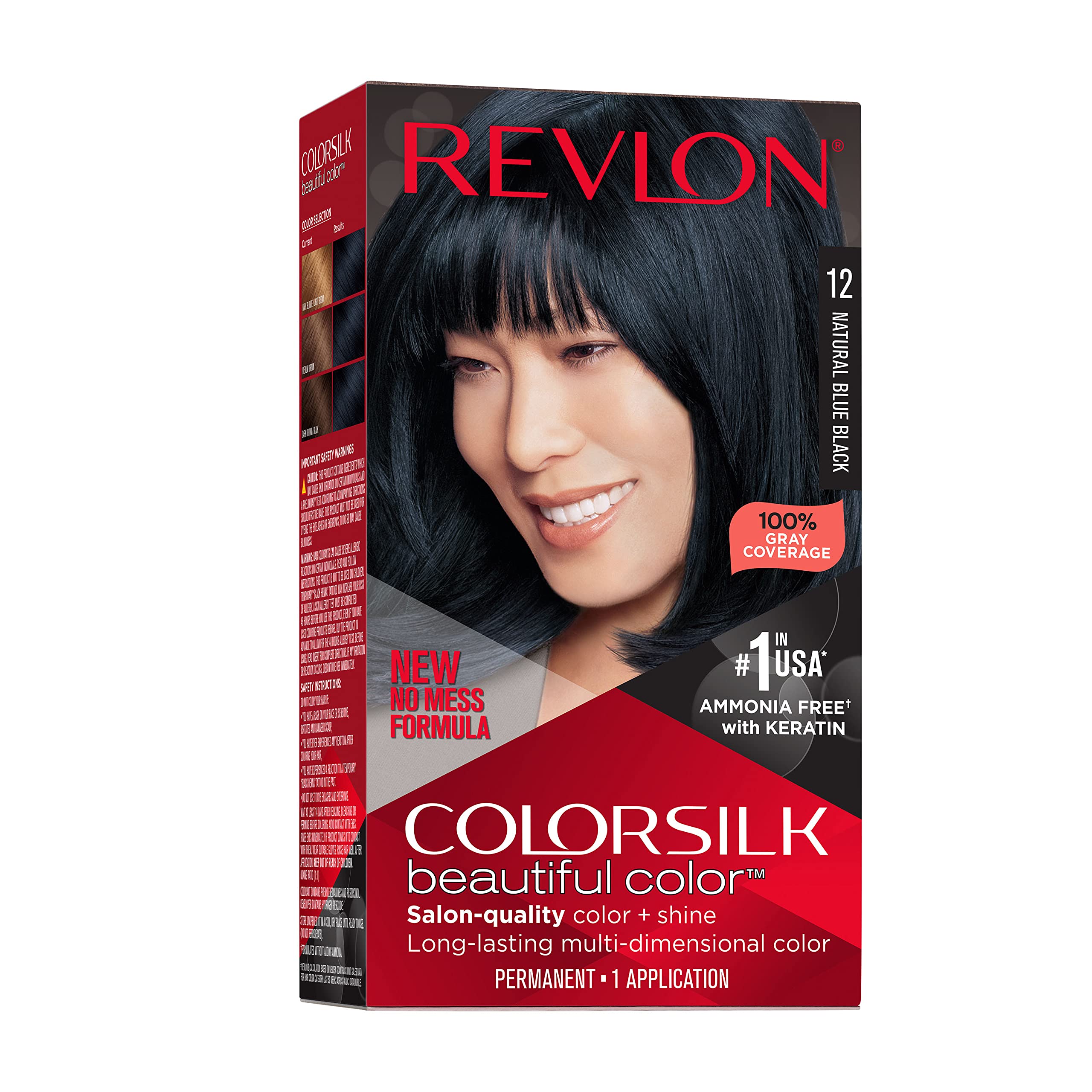 Colorsilk Beautiful Color Permanent Hair Color, Long-Lasting High-Definition Color, Shine & Silky Softness with 100% Gray Coverage, Ammonia Free, 012 Natural Blue Black, 1 Pack